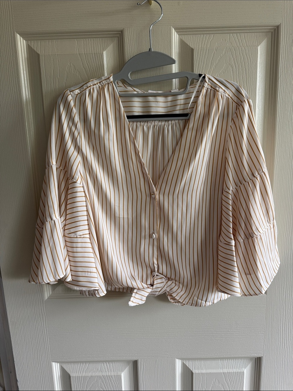 LC Lauren Conrad Cream and Brown Striped Tie-Front Blouse